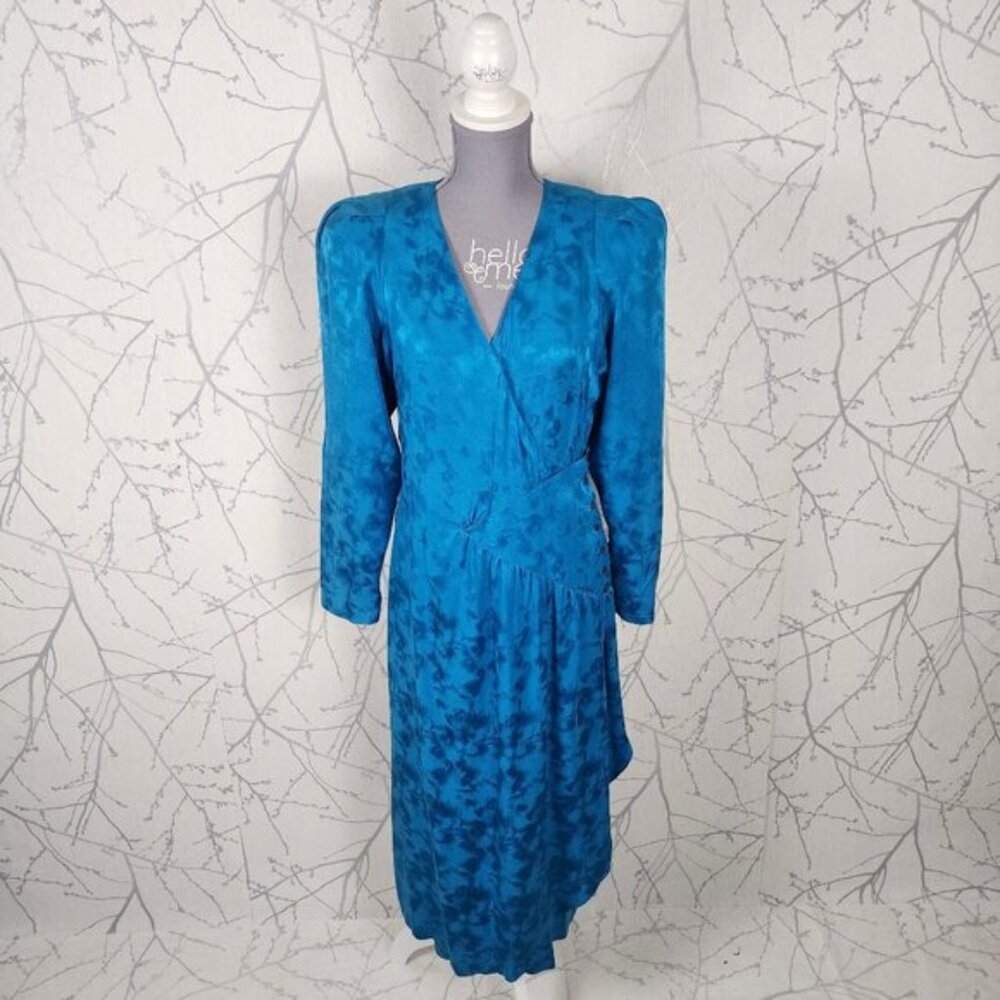 Nora Noh Blue 100% Silk Artsy Faux Wrap Criss Cross Midi Dress